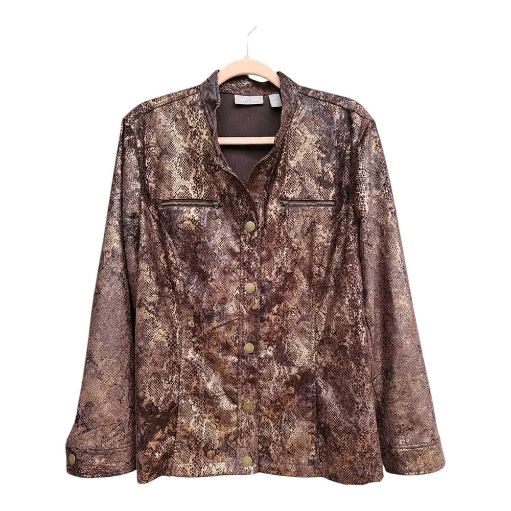 Chico's Brown Metallic Sheen Snakeskin Print Jacket Size 3 (XL)
